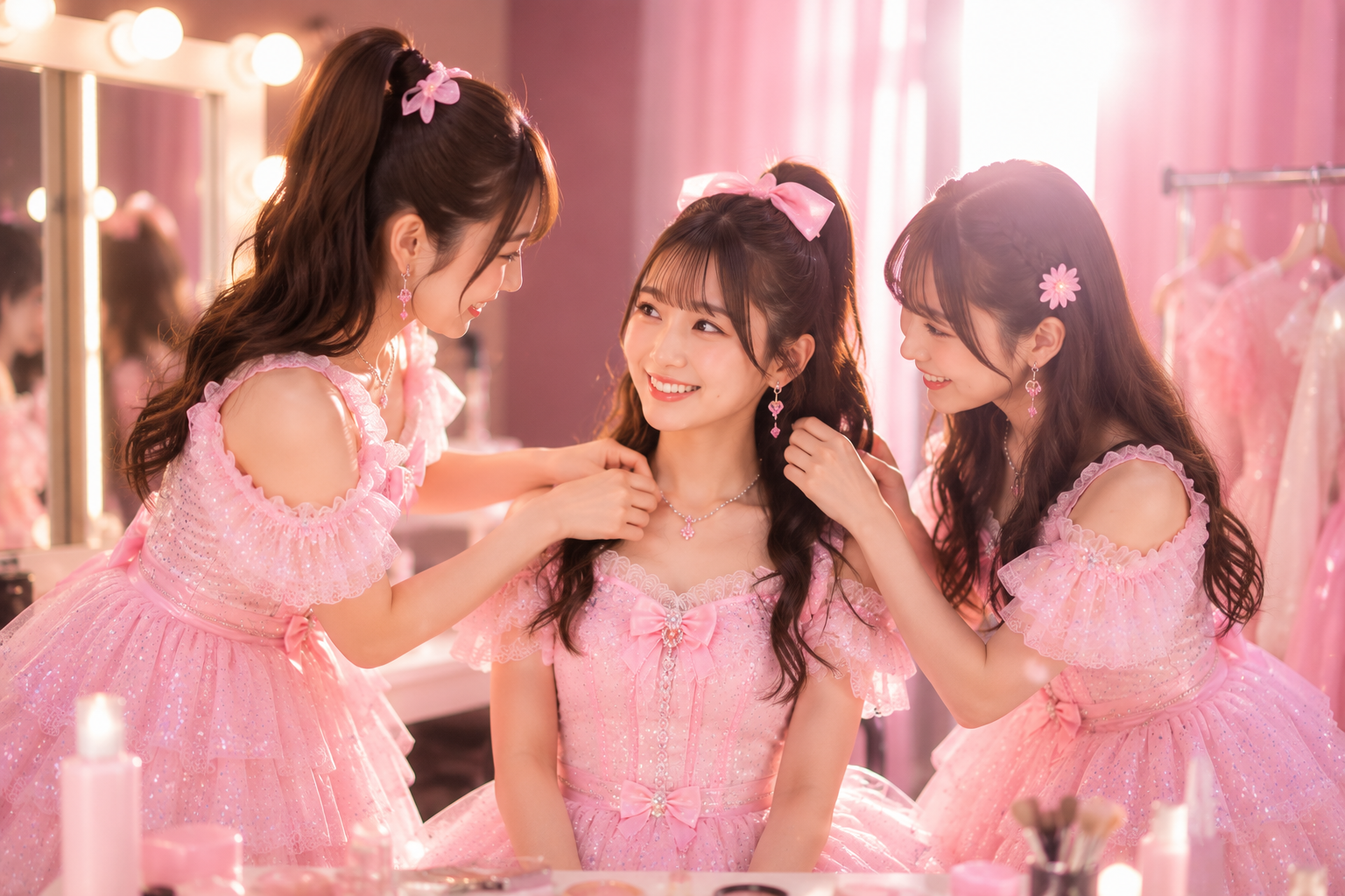 ステージ裏で支え合う所属アイドルグループのイメージ